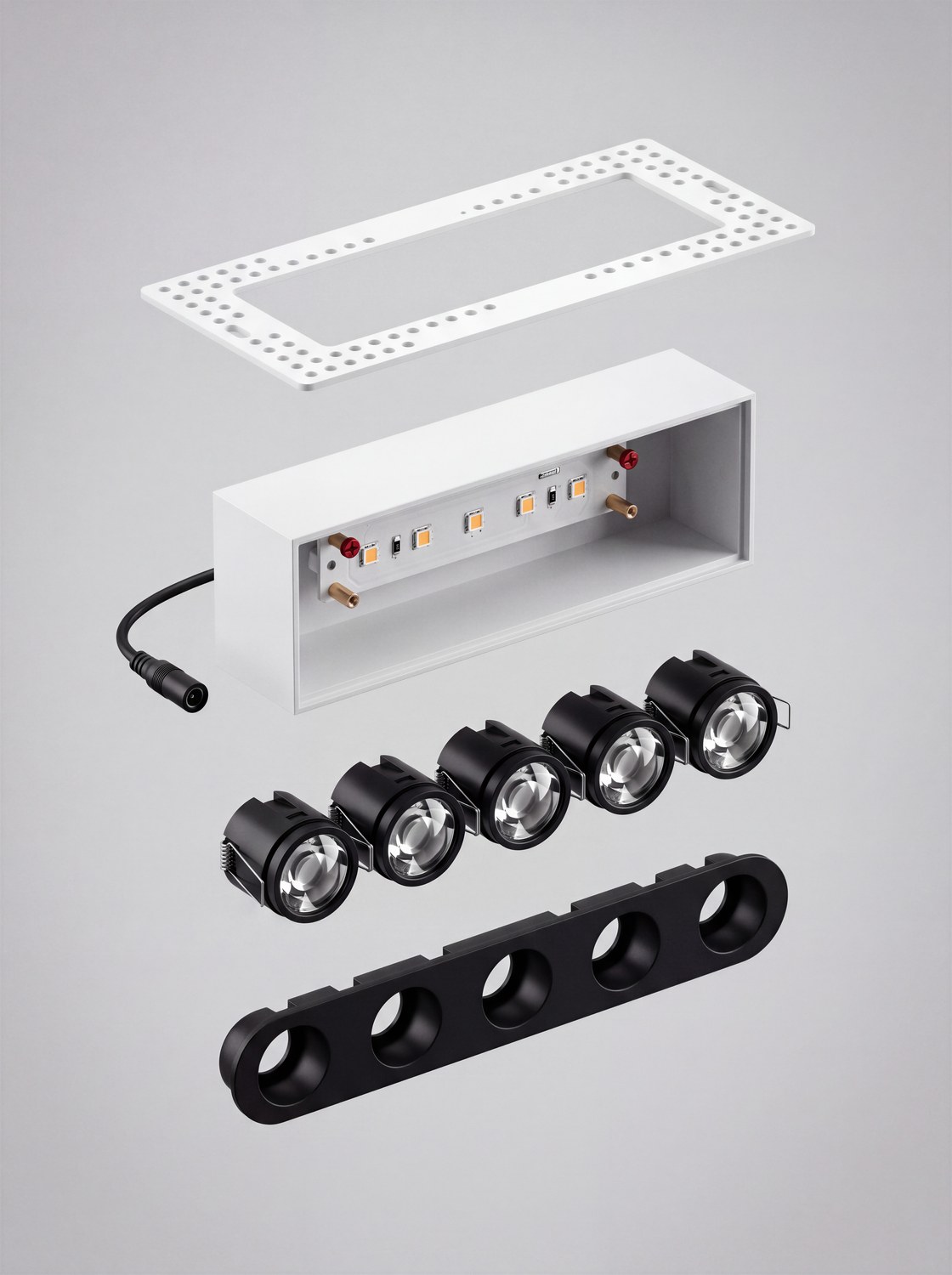 GRID MICRO 5F — vista explodida: flange, corpo, ópticas e barra antiofuscante