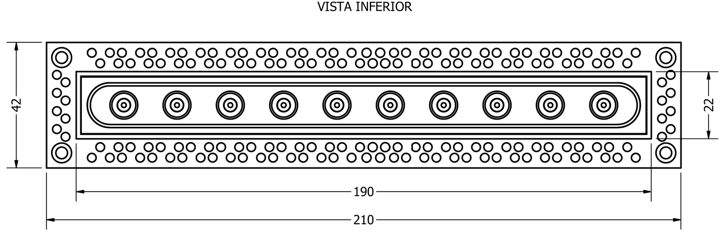 Desenho técnico da GRID MICRO 10F, vista inferior: corpo de 190 mm, flange de embutir de 210 × 42 mm