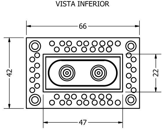Desenho técnico da GRID MICRO 2F, vista inferior: corpo de 47 mm, flange de embutir de 66 × 42 mm