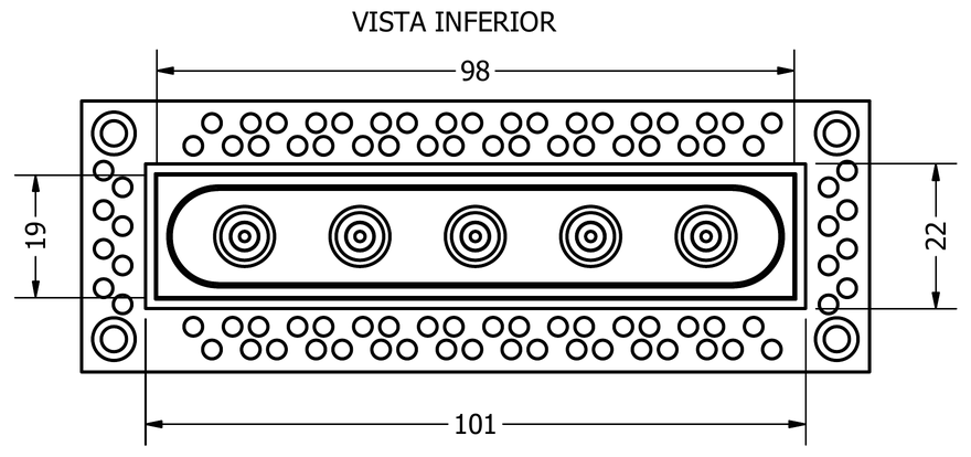 Desenho técnico da GRID MICRO 5F, vista inferior: corpo de 98 mm, flange de embutir de 101 mm